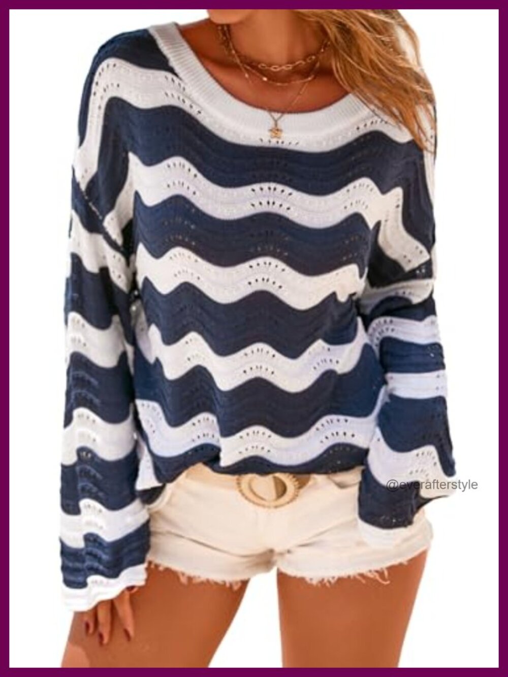 Linen Blend Crochet Bell Sleeve Striped Beach Cover-Up Top